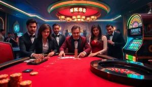 Players engaged in a high-stakes poker game at an NK88 casino table, capturing the thrill of gambling.