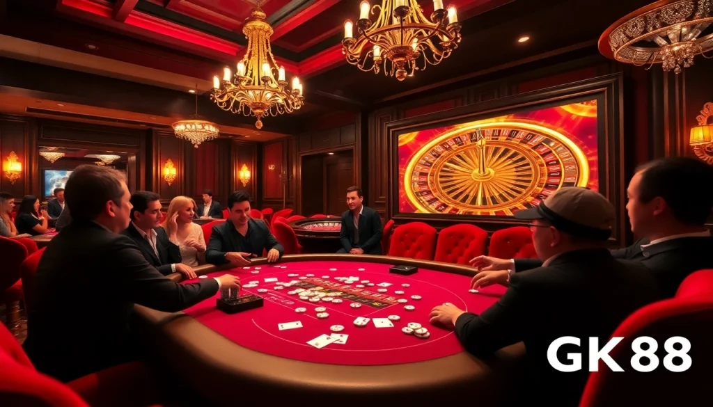 Experience the thrill of Gk88 at a vibrant casino poker table with excited players and luxury design.