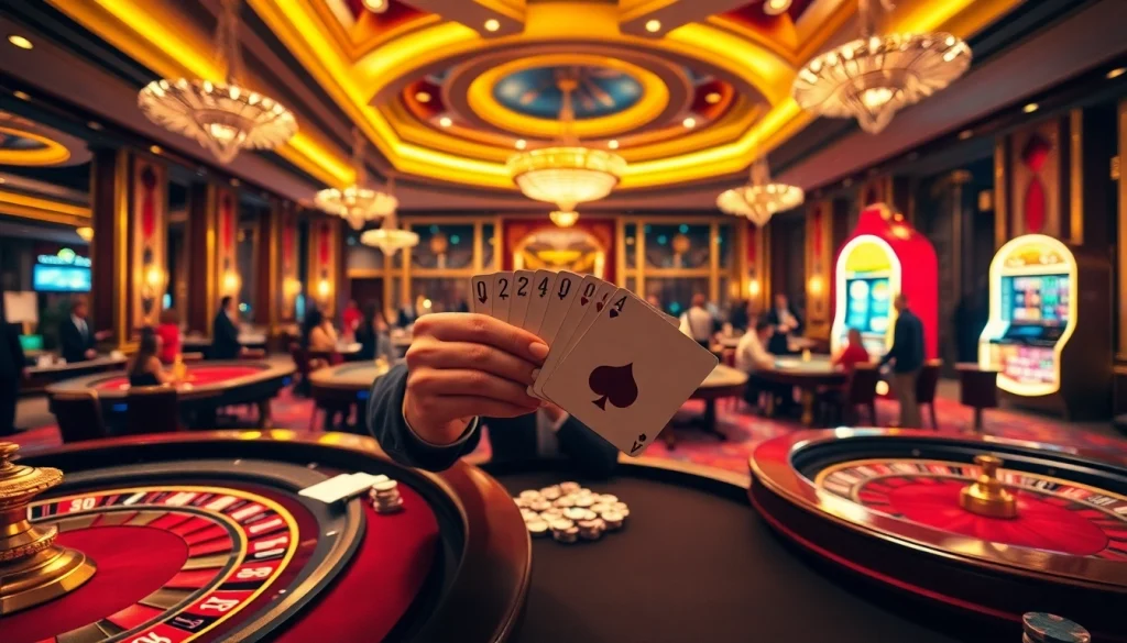 Players engaging in a game of cards and roulette at https://go88.fast/ with vibrant casino decor.