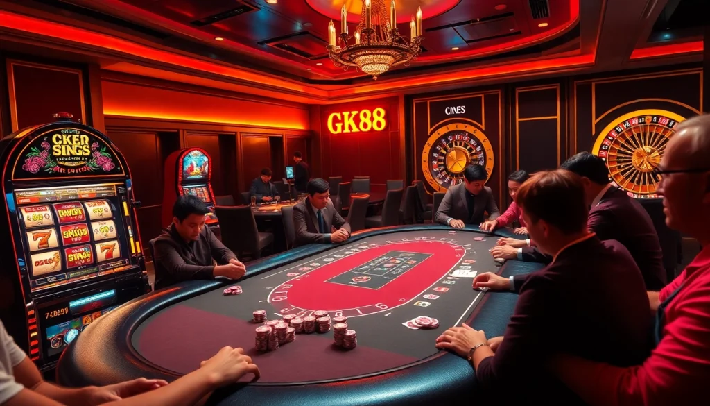 Engaging poker players and vibrant casino elements embodying the thrill of GK88 gaming.