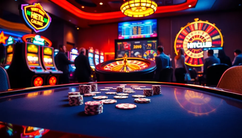 Experience the excitement of HITCLUB at a casino table filled with poker chips and cards.