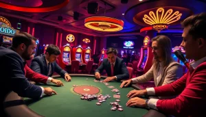 SODO-inspired casino scene with poker players, vibrant slot machines, and roulette wheel.