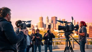 Engaging scene of video production Calgary showcasing collaboration in a vibrant city setting.