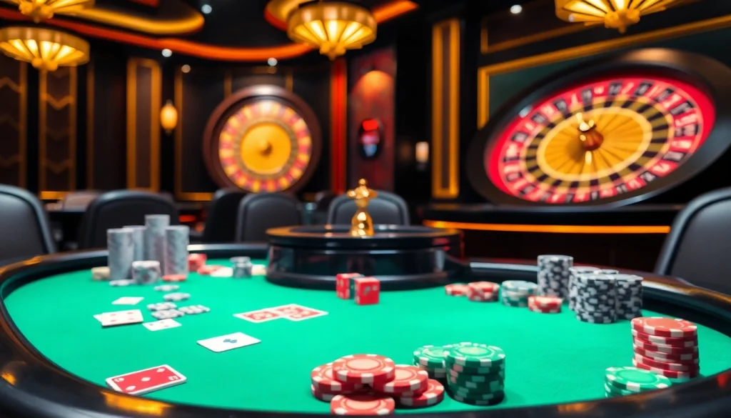 Join the excitement of OK9 Dang Nhap as players engage in thrilling casino games with vibrant poker chips and cards.