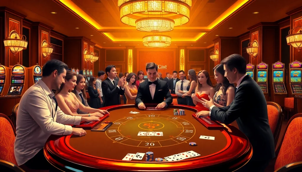 Experience the thrill of 8kbet with vibrant casino visuals showcasing baccarat, poker, and slot machines.