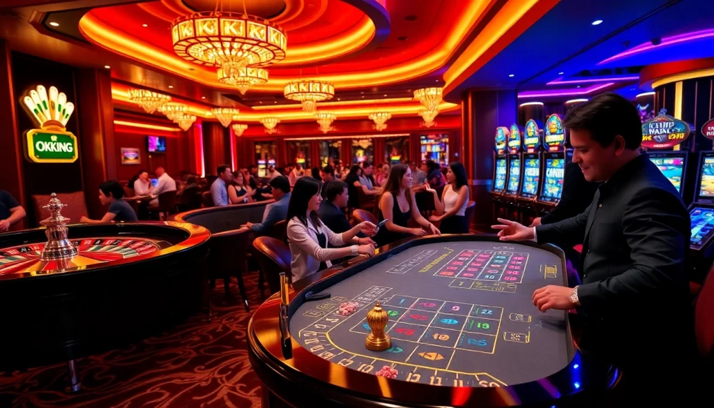 Players enjoying a lively game of blackjack at OKKING Casino, showcasing excitement and luxury.