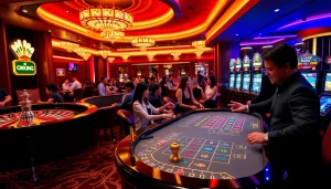 Players enjoying a lively game of blackjack at OKKING Casino, showcasing excitement and luxury.