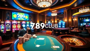 A player enjoys a thrilling game at the luxurious 789CLUB casino, surrounded by vibrant slot machines and poker tables.