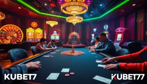 KUBET77 players immersed in a high-stakes poker game at a luxury casino.