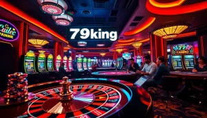 Enjoying the thrill of gambling at 79 king table games with vibrant lights and excitement.