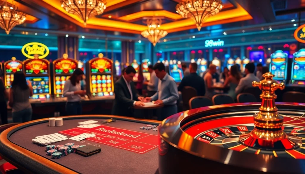 Experience the thrill of gambling at 98win with a lively casino scene featuring blackjack and roulette.