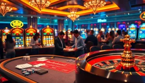 Experience the thrill of gambling at 98win with a lively casino scene featuring blackjack and roulette.