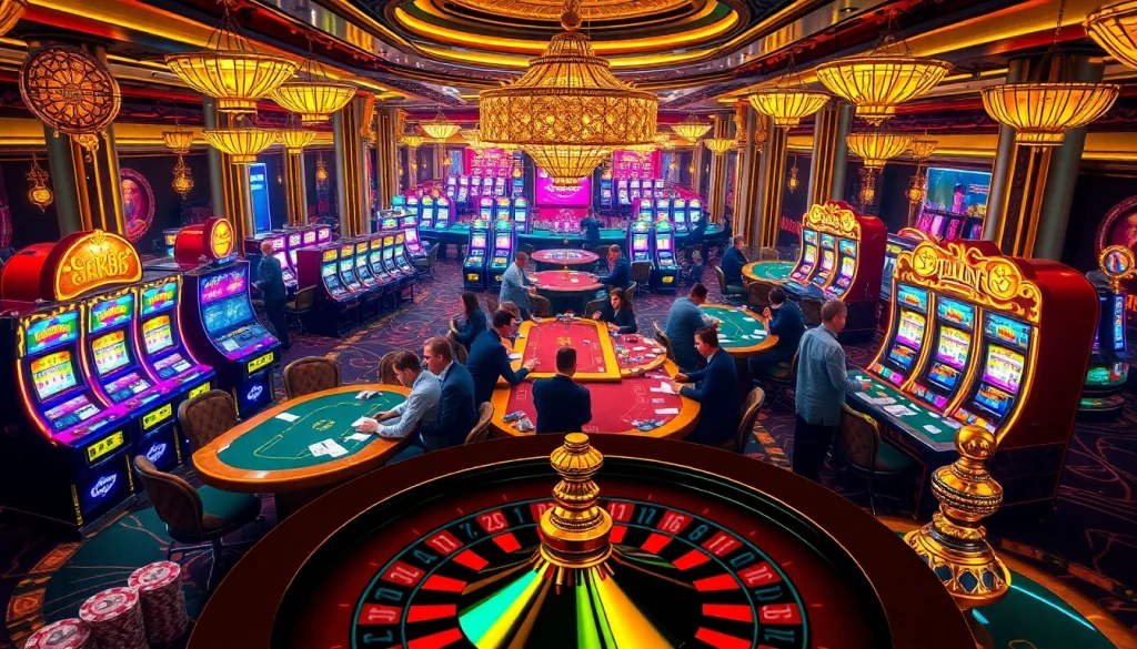 GK88 casino scene with players engaged in card games, vibrant slot machines, and poker chips.