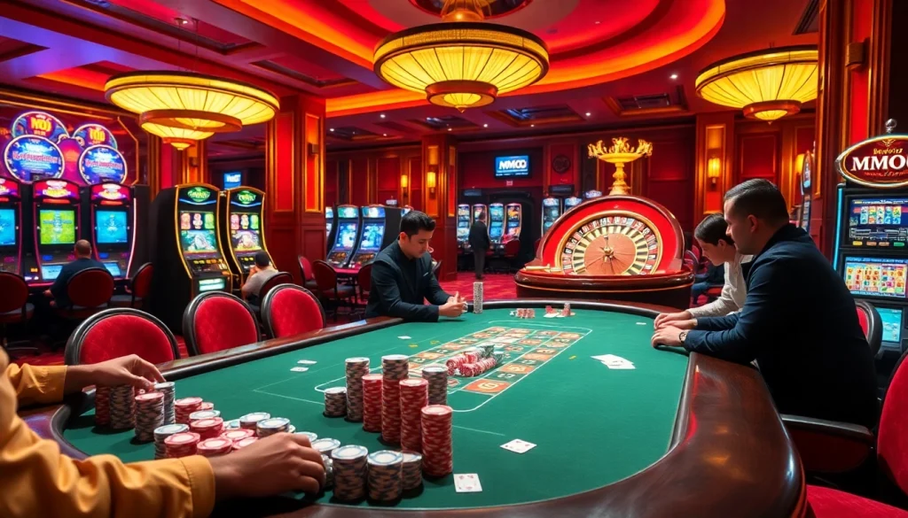 Experience high-stakes poker at a vibrant casino showcasing MMOO-themed decor and colorful chips.