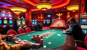 Experience high-stakes poker at a vibrant casino showcasing MMOO-themed decor and colorful chips.