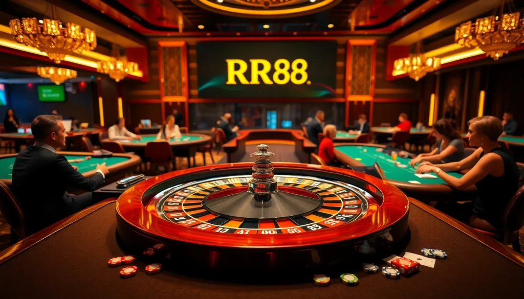 Experience the thrill of RR88 at a luxurious casino with poker games and roulette.