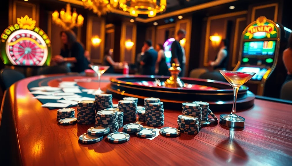 Experience the thrill of 399W at a luxurious poker table surrounded by vibrant casino elements.