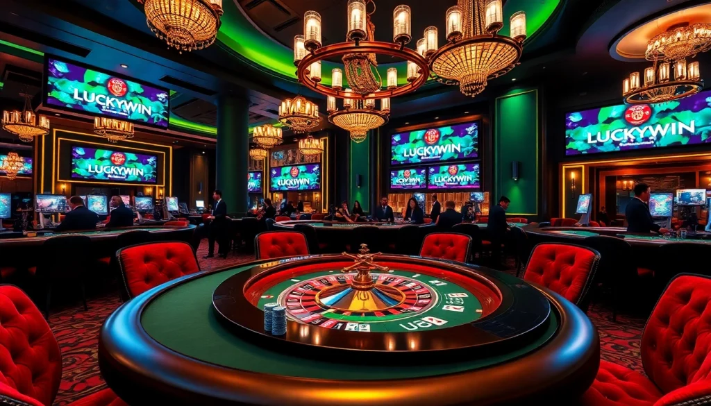 Experience the thrill of LUCKYWIN at a luxurious casino table with vibrant cards and chips.