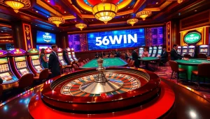 Exciting gambling action with 56WIN featuring roulette, casino tables, and vibrant slot machines.