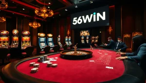 Experience the thrill of 56WIN at a luxurious casino table with poker chips and cards.