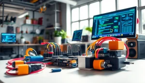 M5Stack development board showcased in a modern workspace, highlighting its versatile design and technology.