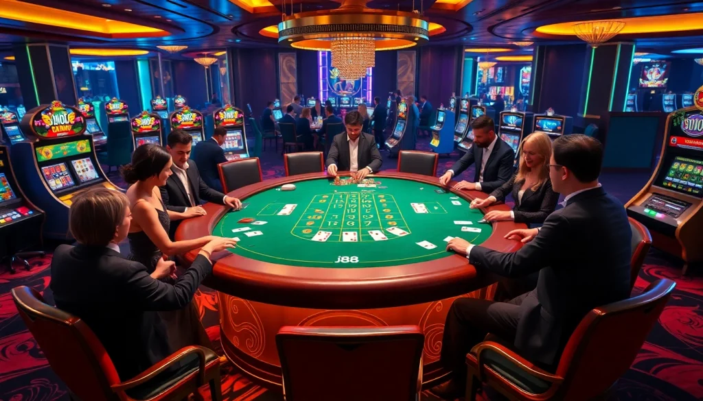 Players enjoy high-stakes baccarat at a j88 casino table, capturing a thrilling gambling moment.