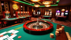 Exciting gaming experience at trang chủ 789club with roulette and poker tables set for play.
