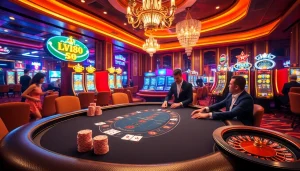 LV88 players enjoy high-stakes poker at an elegant casino table with vibrant décor.