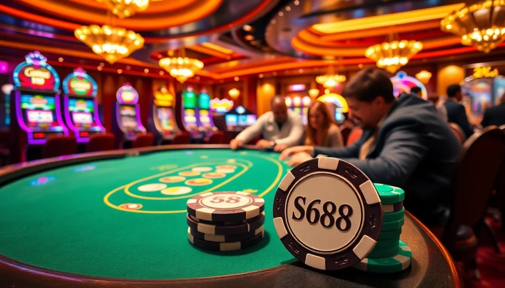 Players betting at a lively poker table showcasing SC88 chips in a lavish casino atmosphere.