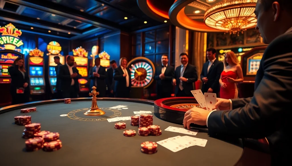 Engaging gamblers at a luxurious casino table with TR88-themed poker chips and cards.