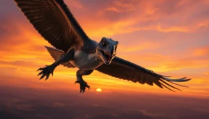 Raptor soaring majestically in a vibrant sunset sky with fierce determination.