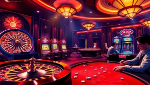 Experience the thrill of OKFUN in a luxurious casino setting filled with vibrant slot machines and a roulette wheel.