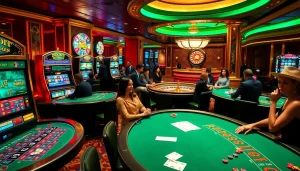 Engaged players experience the thrill of gambling with credit-related visuals in a luxurious casino setting.