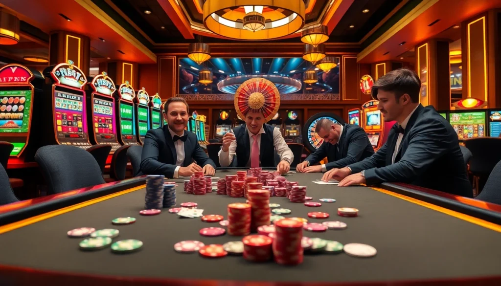 Players strategizing in an exciting poker game at gilajp casino, surrounded by vibrant slot machines and chips.