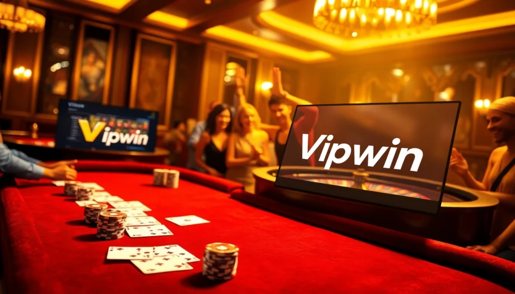 Players at a vibrant casino table showcasing Vipwin poker chips and cards in an exciting atmosphere.