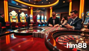 Exciting poker action at a luxurious casino table showcasing hm88 themed chips and luxury ambiance.