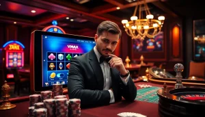 Engage in the thrilling VMAX game with vibrant casino visuals and a confident gambler.