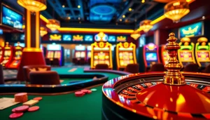 Experience high-stakes gambling with 399W at a luxurious casino featuring poker tables and roulette wheels.
