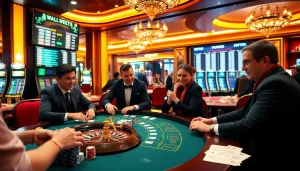Players enjoying 7upbet at luxurious casino tables with vibrant poker chips and excitement.