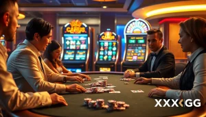 Players engaging at a poker table with xxgg branding, showcasing excitement in a vibrant casino.
