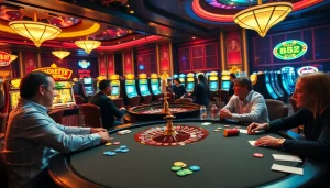 Players enjoying thrilling moments at b52club poker tables in a luxurious casino setting.