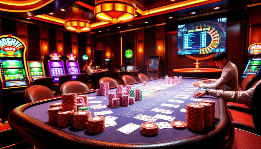 Engaging players at the Dominoqiu casino table surrounded by vibrant poker chips and slot machines.