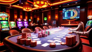 Engaging players at the Dominoqiu casino table surrounded by vibrant poker chips and slot machines.