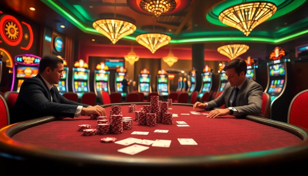 K9k9 casino vibrant gaming scene with poker chips, cards, and slot machines showcasing thrilling bets