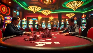 K9k9 casino vibrant gaming scene with poker chips, cards, and slot machines showcasing thrilling bets