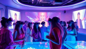 Engaging scene of users interacting with nsfw AI characters in a vibrant virtual lounge.