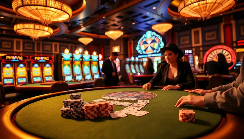PHTAYA players engaging in a thrilling high-stakes poker game amid a luxurious casino ambiance.