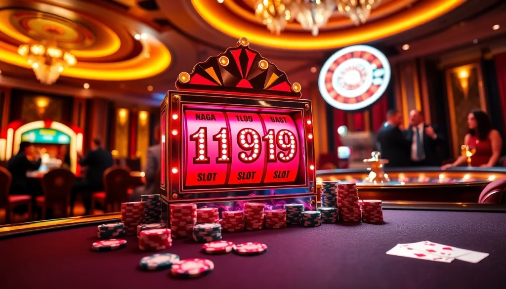 Engaging players at the naga169 slot machine surrounded by colorful casino excitement.