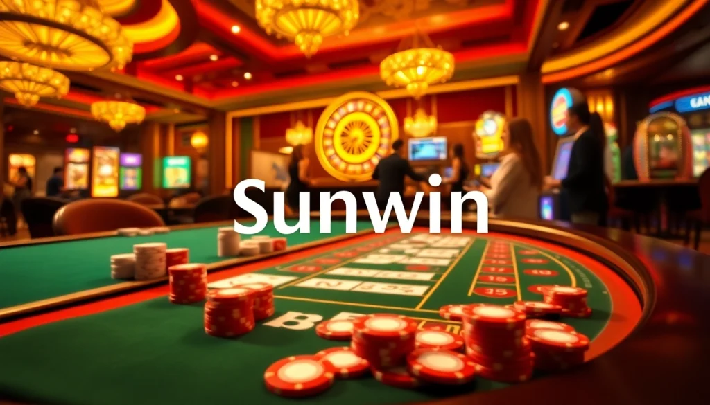 Exciting casino gameplay at Sunwin showcasing poker chips, roulette wheel, and slot machine.