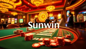 Exciting casino gameplay at Sunwin showcasing poker chips, roulette wheel, and slot machine.